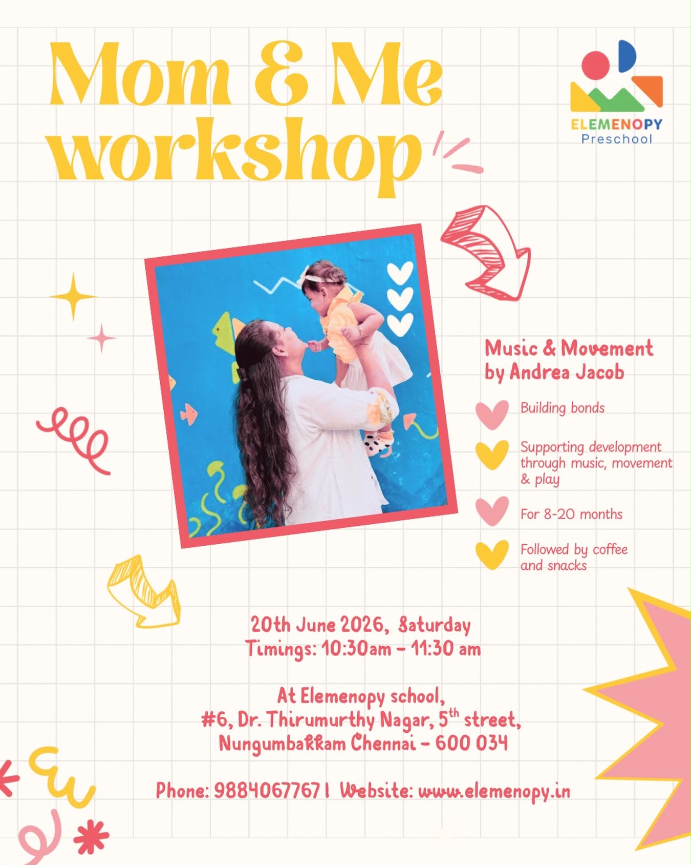 ✨ Mom & Me Workshop ✨

Join us on Saturday, 20th June | 10:30 AM – 11:30 AM for a special movement-based session designed for babies aged 8–20 months and their parents.

Led by Andrea Jacob, a specialist with over 22 years of experience, this workshop introduces little ones to foundational bodily skills through engaging movement, music, and connection. These early experiences play a powerful role in supporting holistic growth and development.

☕ Stay back after the session for coffee, snacks, and a chance to connect with other parents.

🎟 Early Bird Discount available until 17th June.

Limited spots available. DM us to register!

(Mom and me workshop, Chennai, infant development, movement class, Nungambakkam, Chennai preschools, Montessori)