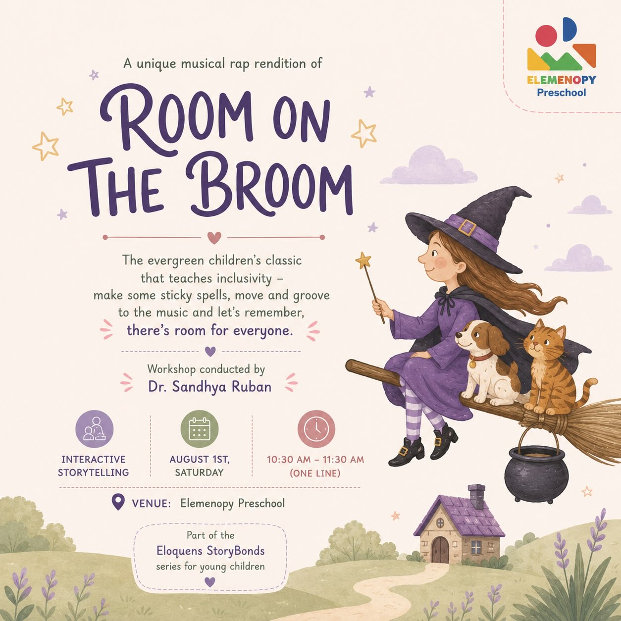 🧹✨ Room on the Broom – An Interactive Storytelling Adventure ✨

Join us for a magical storytelling experience inspired by Room on the Broom!

Story Bonds Module by Eloquens (Sandhya Ruban) brings this beloved story to life through interactive storytelling, a lively musical stop-and-rap rendition, engaging puppet play, and hands-on sensory exploration. Thoughtfully designed to neuro-nurture young children while creating joyful bonding moments with parents.

🗓 1st August 2026 (Saturday)
⏰ 10:30 AM – 11:30 AM
👧👦 For children aged 1–4 years
🎉 Early Bird Offer available for a limited time!
☕ Coffee & snacks provided

Come sing, imagine, explore, and play as we set off on a magical broomstick adventure together! 💚🧹🎶

📩 DM us for further details and registrations.