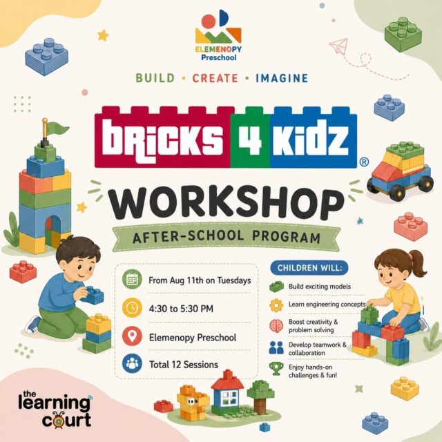 🧱✨Build, Create & Imagine – LEGO After School Workshop for Young Builders!✨🧱

Give your child the opportunity to explore the exciting world of LEGO through a fun-filled, hands-on after-school programme!

Our LEGO Afterschool Workshop by Bricks 4 Kidz is designed to spark creativity, strengthen problem-solving skills, and introduce children to basic engineering concepts through imaginative building challenges. Every session encourages teamwork, critical thinking, and endless creativity—all while having lots of fun!

🗓 Starting from 11th August 2026 (Every Tuesday)
⏰ 4:30 PM – 5:30 PM
📍 Elemenopy Preschool
👧🧒 Age Group: 4–8 years
🧱 12 exciting sessions

🌟 Children will:
🧩 Build exciting LEGO models
⚙️ Explore engineering concepts through play
💡 Boost creativity and problem-solving skills
🤝 Develop teamwork and collaboration
🎉 Enjoy fun, hands-on building challenges every week

Let your little builder learn, create, and grow—one brick at a time! 🚀🌈

📩 DM us for registrations and further details.