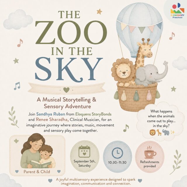 🦁 What if the zoo came to the sky?

🐻 Get ready for The Zoo in the Sky, a magical musical storytelling & sensory adventure where stories come alive through music, movement, imagination and play.

🦒 Join Sandhya Ruban from Eloquens StoryBonds and Renee Sharadha, Clinical Musician, for a joyful experience designed especially for parent & child.

📅 September 5th, Saturday
⏰ 10:30 AM – 11:30 AM
☕ Refreshments provided

Age group - 10 to 20 months 

☁️ Come sing, move, imagine, explore and connect through the magic of stories and music! 
.
.
.
#TheZooInTheSky #EloquensStoryBonds #StorytellingForKids #SensoryPlay #parentandchild