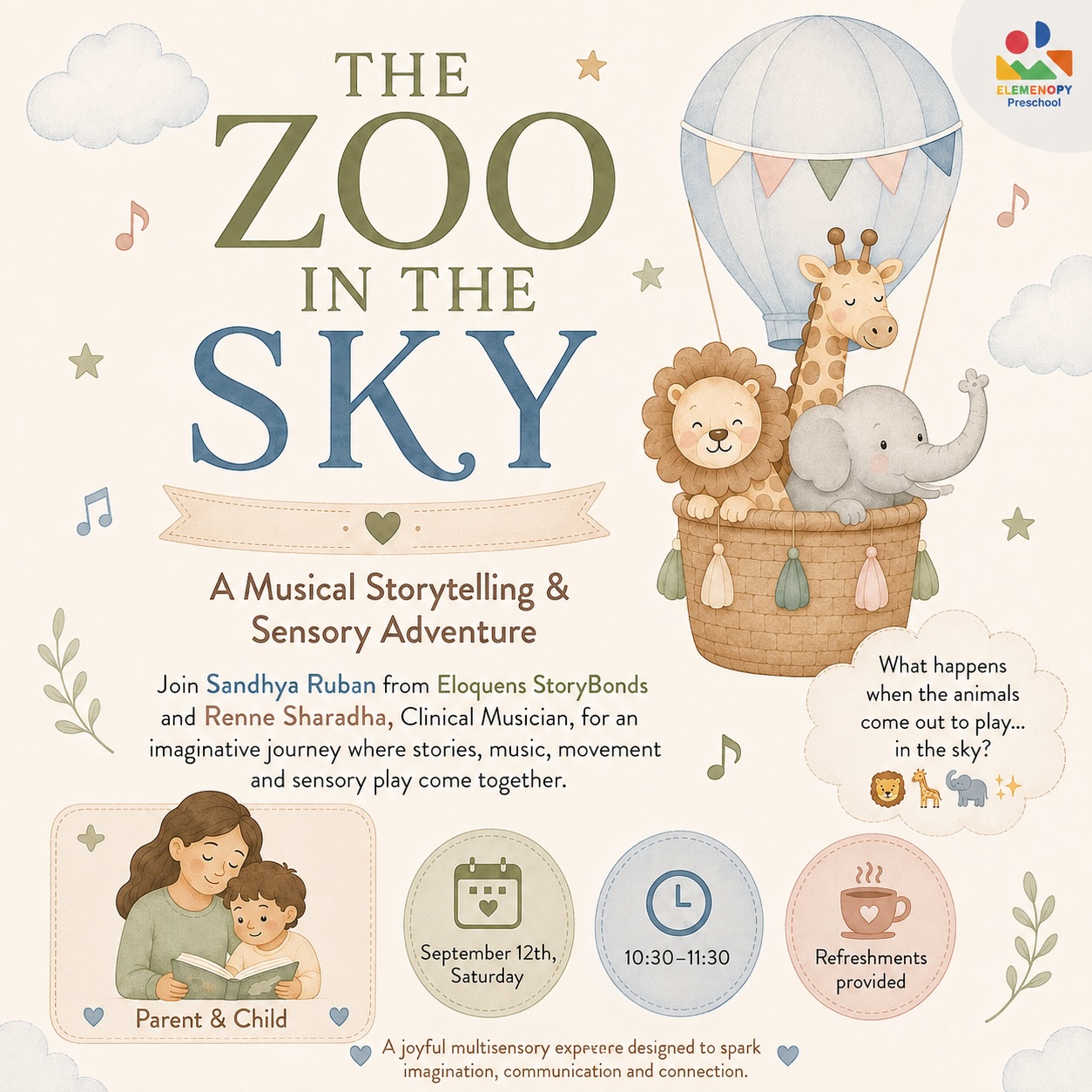 🦁 What if the zoo came to the sky?

🐻 Get ready for The Zoo in the Sky, a magical musical storytelling & sensory adventure where stories come alive through music, movement, imagination and play.

🦒 Join Sandhya Ruban from Eloquens StoryBonds and Renee Sharadha, Clinical Musician, for a joyful experience designed especially for parent & child.

📅 September 12th, Saturday 
⏰ 10:30 AM – 11:30 AM
☕ Refreshments provided

Age group: 10-22 months 

☁️ Come sing, move, imagine, explore and connect through the magic of stories and music! 
.
.
.
#TheZooInTheSky #EloquensStoryBonds #StorytellingForKids #SensoryPlay #parentandchild